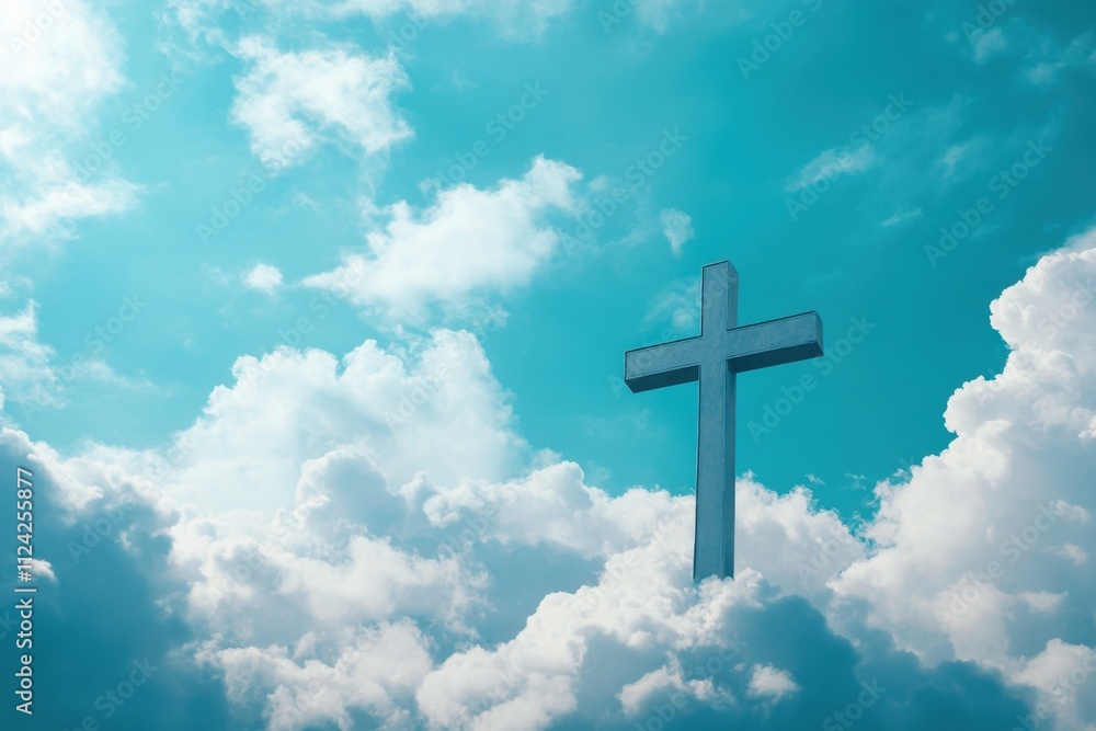 Day of Ascension Blue clouds with Christian cross Day of Ascension Blue clouds with Christian cross
