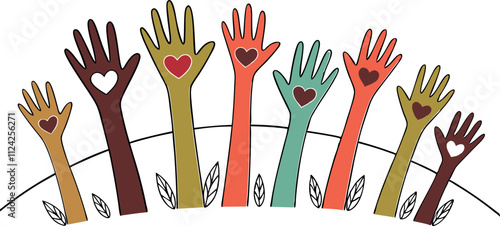 diverse hands with hearts symbolizing unity and love