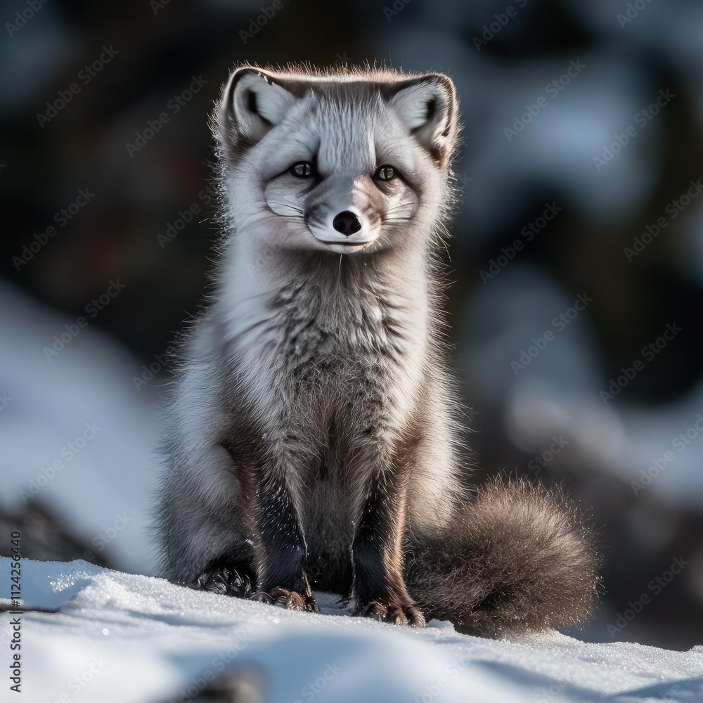 An Arctic fox sitting gracefully on a snow-covered landscape, its white fur blending seamlessly with the icy environment. Soft lighting highlights the fox sharp features and alert expression, with fai An Arctic fox sitting gracefully on a snow-covered landscape, its white fur blending seamlessly with the icy environment. Soft lighting highlights the fox sharp features and alert expression, with fai