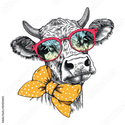 Cute cow in a glasses. Vector illustration