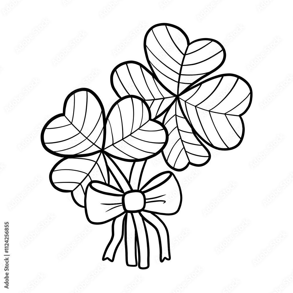 Black line drawing illustration of a three-leaf clover bouquet tied with a bow, symbolizing luck and celebration, St. Patrick's Day symbol Black line drawing illustration of a three-leaf clover bouquet tied with a bow, symbolizing luck and celebration, St. Patrick's Day symbol