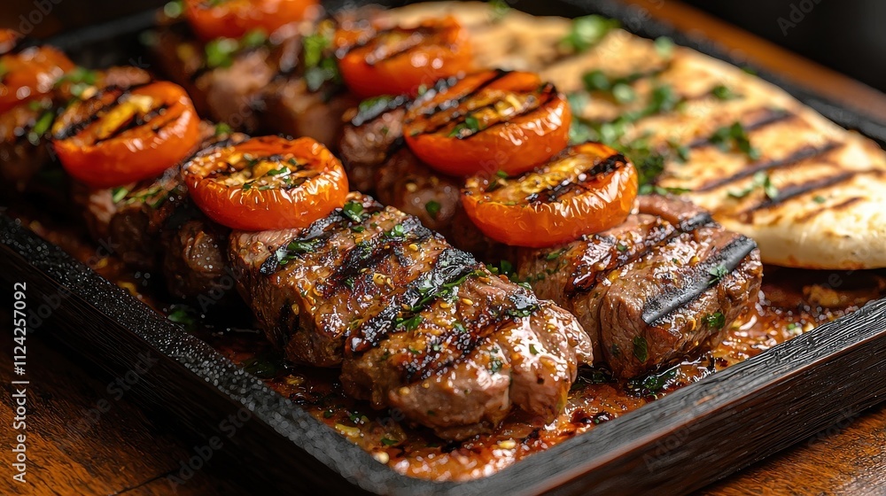 Grilled lamb kebabs with tomatoes served on a sizzling platter restaurant kitchen food warm ambience culinary art Grilled lamb kebabs with tomatoes served on a sizzling platter restaurant kitchen food warm ambience culinary art