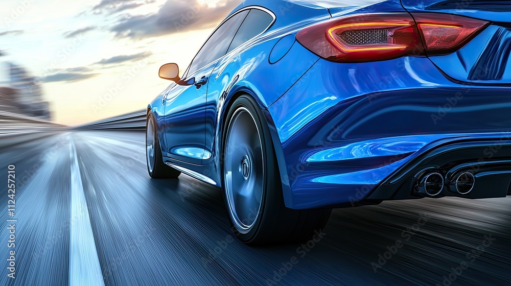 Naklejka premium Blue car driving on the highway, motion blur, rear view. luxury sports sedan concept model