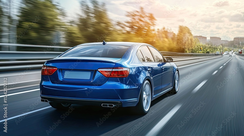 Blue car driving on the highway, motion blur, rear view. luxury sports sedan concept model Blue car driving on the highway, motion blur, rear view. luxury sports sedan concept model