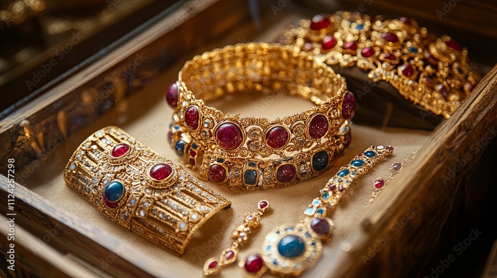 Ornate Gold Jewelry With Red And Blue Gems Ornate Gold Jewelry With Red And Blue Gems