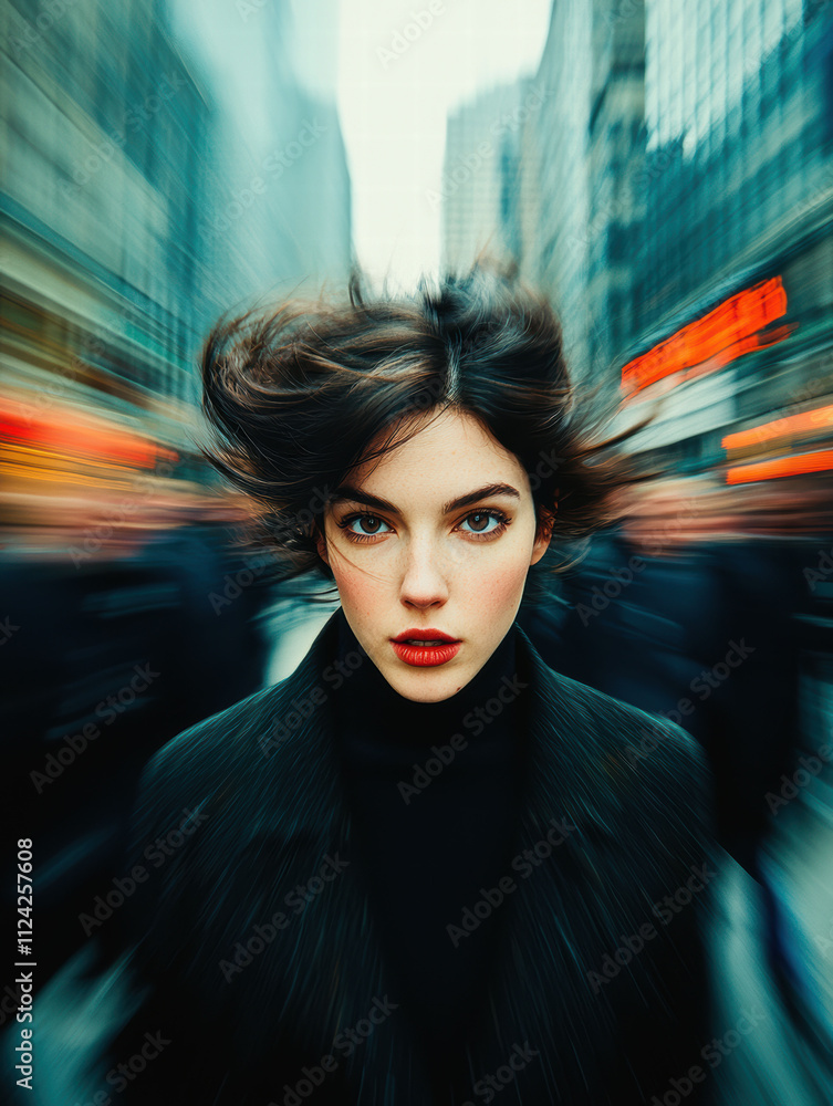 A woman with intense expression stands amidst a bustling, blurred crowd in an urban setting, focused in sharp contrast. A woman with intense expression stands amidst a bustling, blurred crowd in an urban setting, focused in sharp contrast.