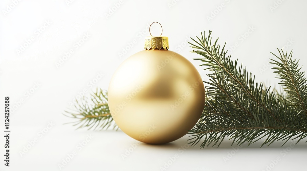Golden bauble rests beside pine branch, white background, minimalist Golden bauble rests beside pine branch, white background, minimalist