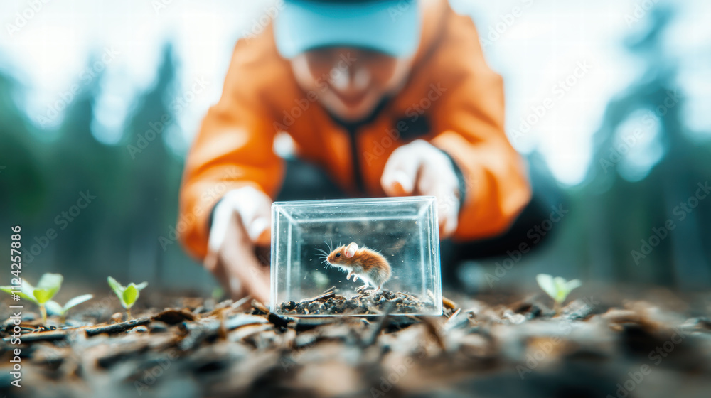 A curious exploration unfolds as a person in orange observes a tiny mouse in a glass container amidst a natural setting, embodying wonder. A curious exploration unfolds as a person in orange observes a tiny mouse in a glass container amidst a natural setting, embodying wonder.