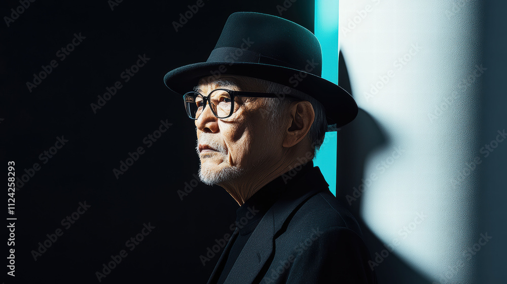 A mature man stands in partial shadow, his black hat and glasses adding to the timeless elegance and introspective mood. A mature man stands in partial shadow, his black hat and glasses adding to the timeless elegance and introspective mood.