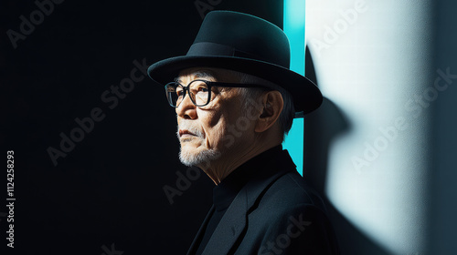 A mature man stands in partial shadow, his black hat and glasses adding to the timeless elegance and introspective mood.