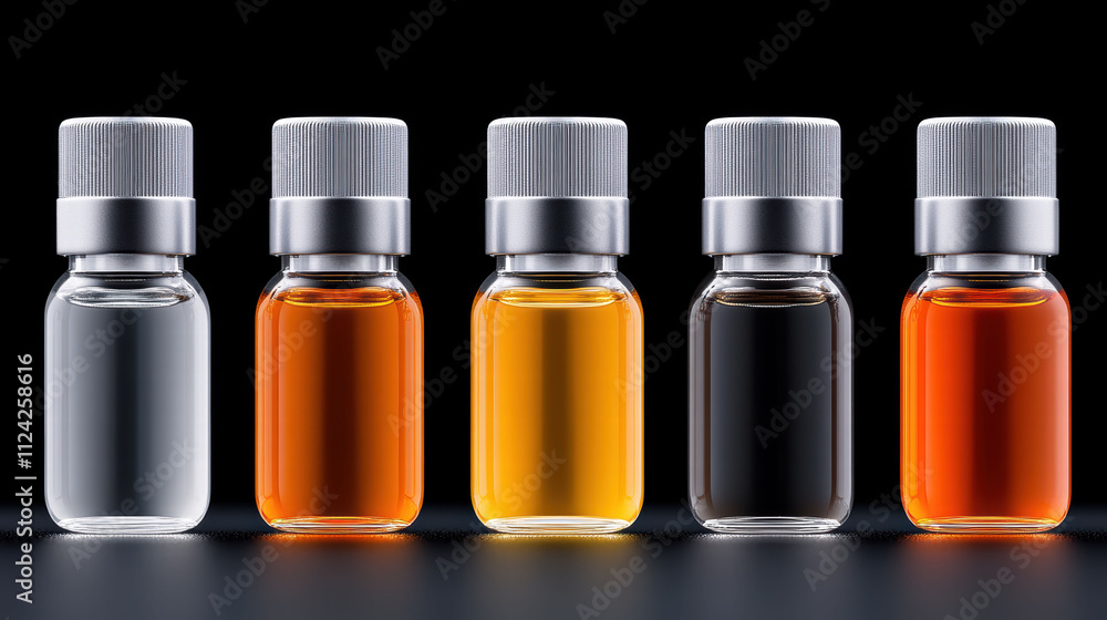 Five small bottles with clear to dark liquids are neatly aligned, showcasing a spectrum of colors against a dark background. Five small bottles with clear to dark liquids are neatly aligned, showcasing a spectrum of colors against a dark background.