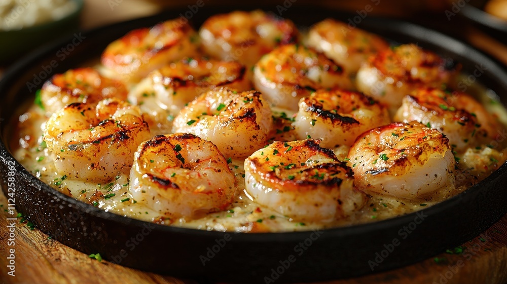Sizzling garlic butter shrimp coastal restaurant culinary delight warm atmosphere close-up seafood indulgence Sizzling garlic butter shrimp coastal restaurant culinary delight warm atmosphere close-up seafood indulgence