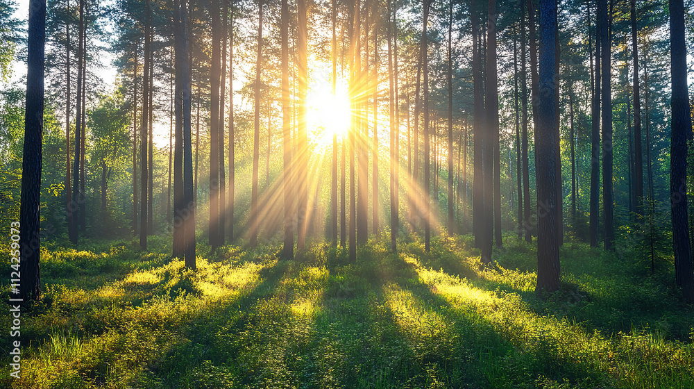 Obraz premium Trees in the woods with sunlight inside background photography