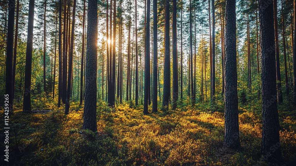 Fototapeta premium Trees in the woods with sunlight inside background photography
