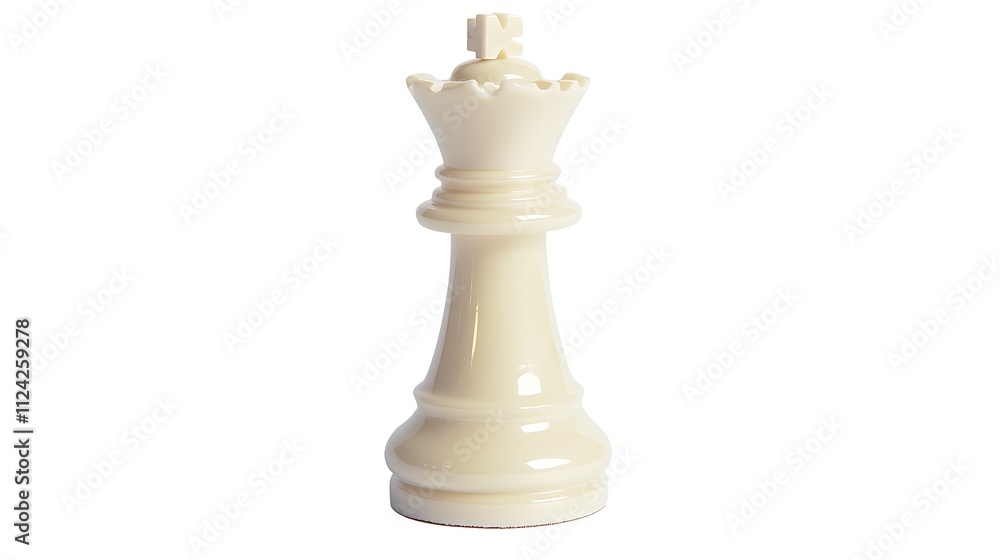 A white chess queen stands alone on a white background.
A white chess queen stands alone on a white background.