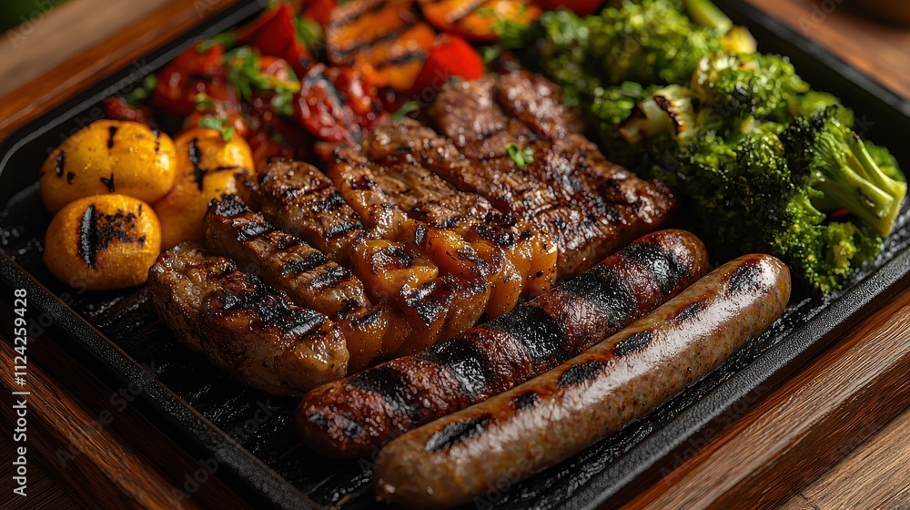 Sizzling mixed grill platter with sausages and steak outdoor barbecue food vibrant setting close-up perspective Sizzling mixed grill platter with sausages and steak outdoor barbecue food vibrant setting close-up perspective