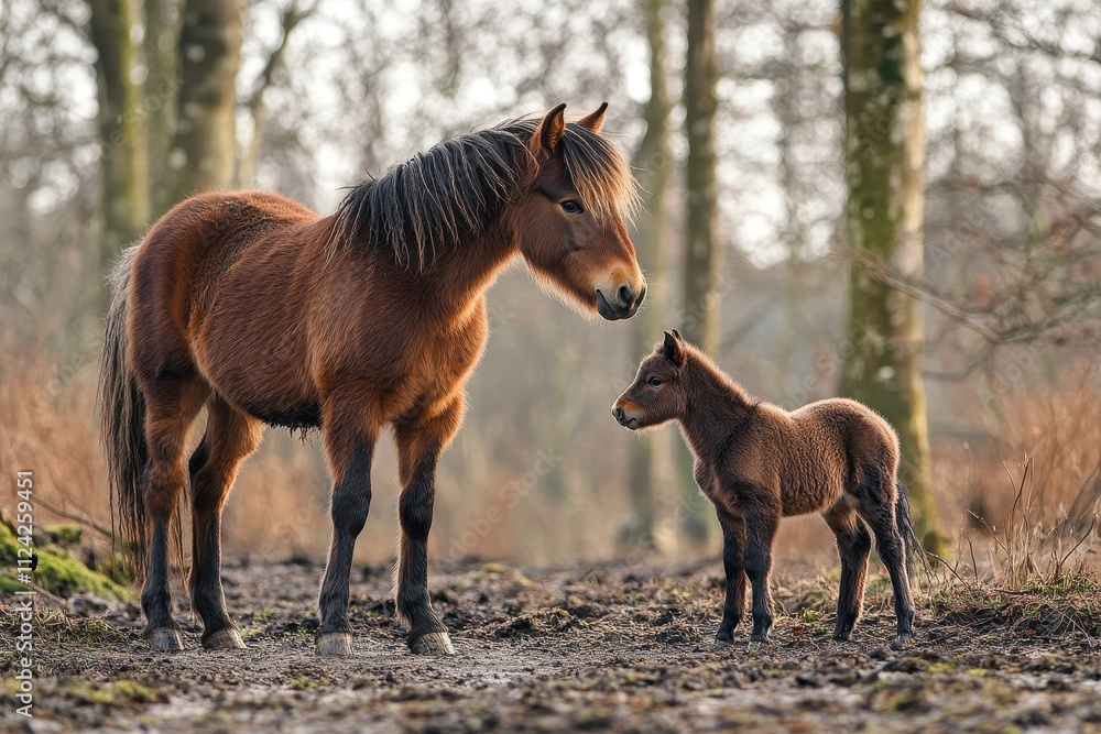 Exmoor pony pets her mother in the Maashorst nature reserve Brabant Exmoor pony pets her mother in the Maashorst nature reserve Brabant