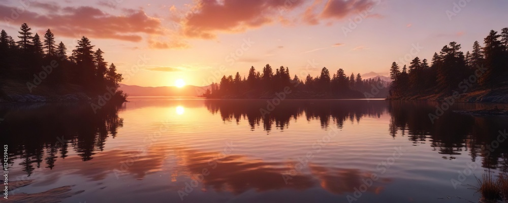 Fototapeta premium A beautiful sunset over a lake on Valentine's Day, serene, sky, lake