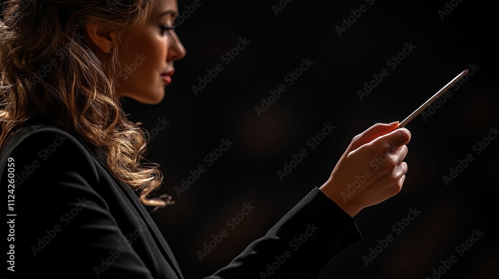 Obraz premium Woman Conductor Holds Baton Dark Background