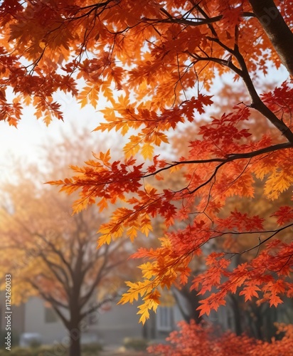 A delicate maple tree branch supports a canopy of vibrant orange and red autumn leaves, outdoor scene, red leaves