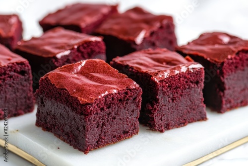 Focused shot of fudgy red velvet brownies on a marble tray against a white backdrop