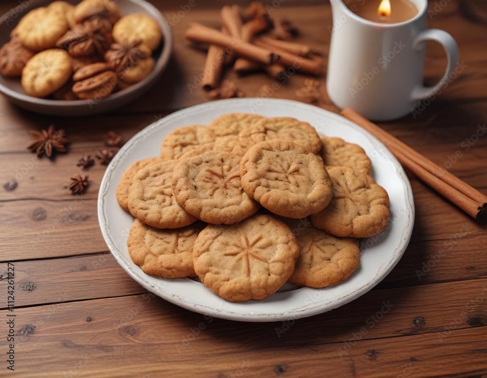 A plate of warm cinnamon-spiced cookies on a wooden table, wooden table, plate of treats A plate of warm cinnamon-spiced cookies on a wooden table, wooden table, plate of treats