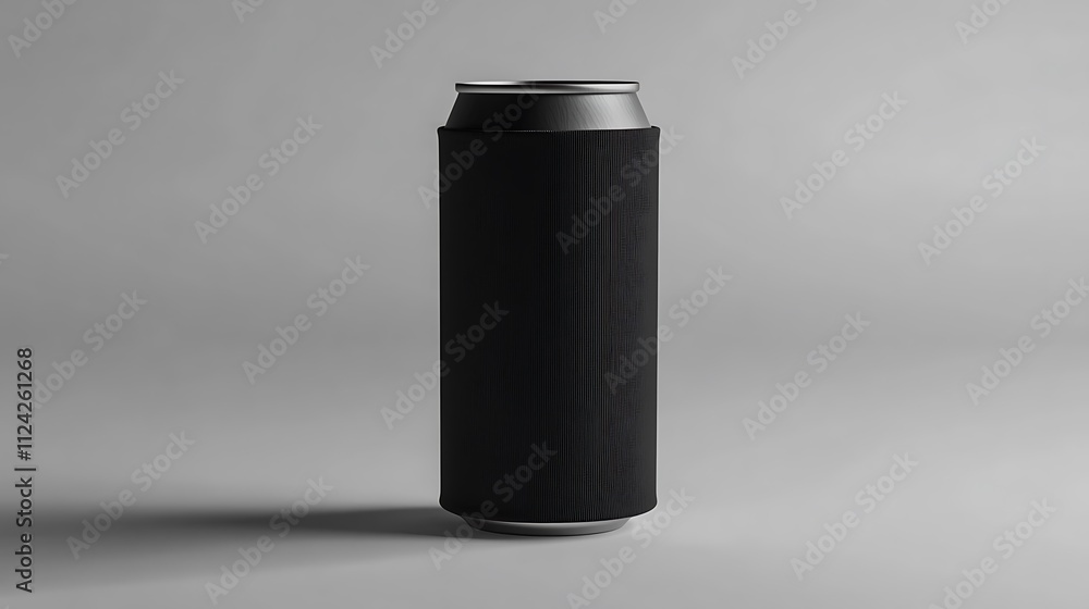 A black can with a metal top and a dark gray background.
A black can with a metal top and a dark gray background.