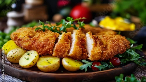 A golden-breaded German Wiener Schnitzel with crispy edges, served alongside potatoes on a rustic wooden table