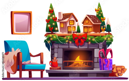House fireplace in Christmas interior cartoon. Cozy winter xmas decoration with garland, present and armchair. New Year holiday celebration in decorated apartment with fire place illustration