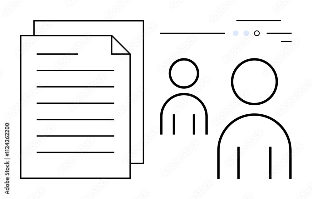 Simplified line drawings of a document with text and two user icons. Ideal for business processes, documentation, user interactions, team communication, management, digital workflows, and project Simplified line drawings of a document with text and two user icons. Ideal for business processes, documentation, user interactions, team communication, management, digital workflows, and project