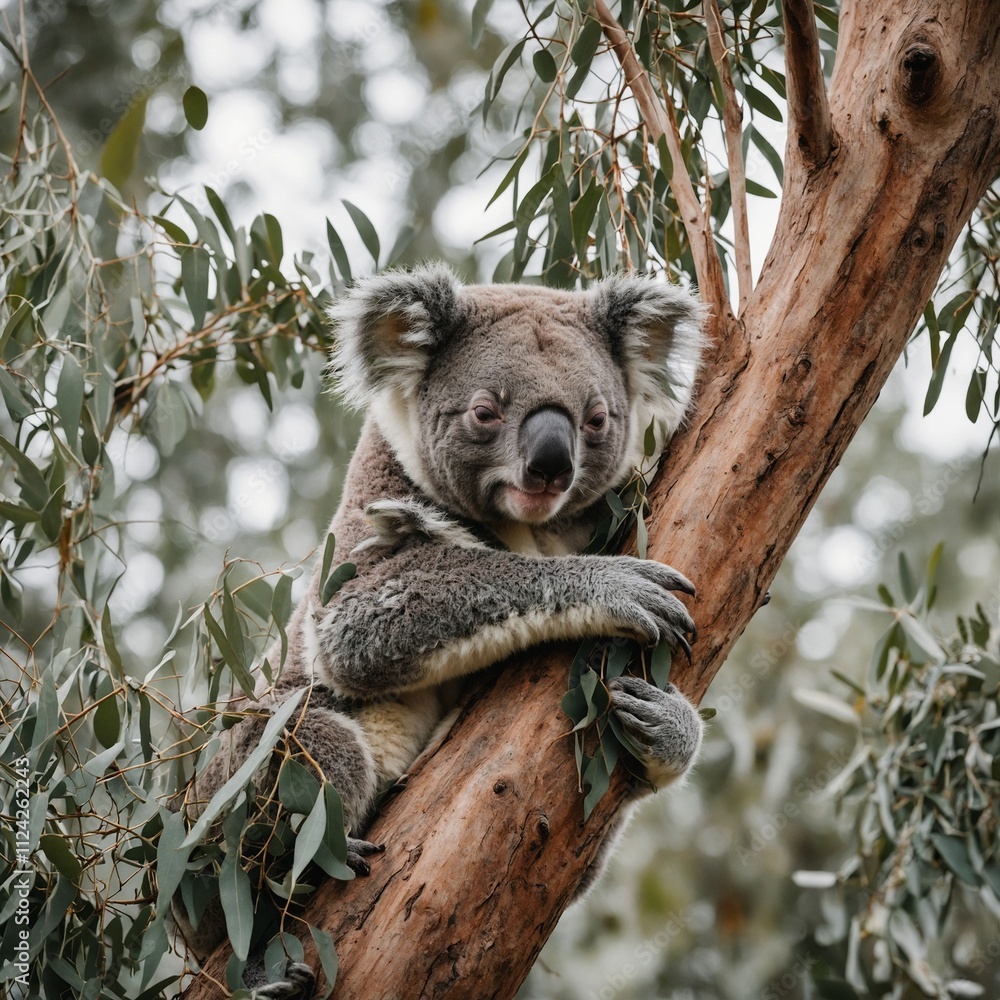 A sleepy koala nestled in the branches of a eucalyptus tree... with white background and blurry background a full body A sleepy koala nestled in the branches of a eucalyptus tree... with white background and blurry background a full body