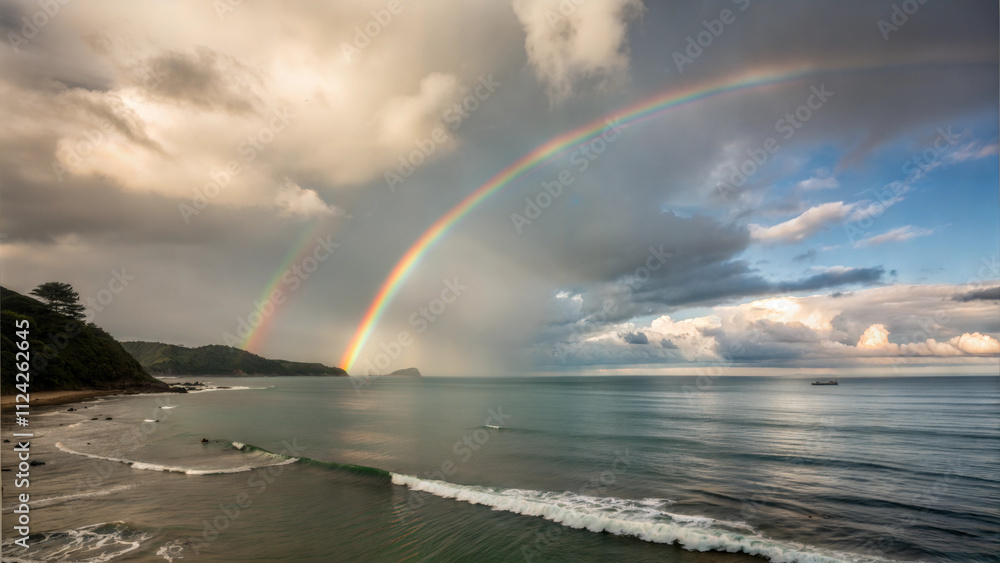 A breathtaking view of a double rainbow arching over the calm sea, with soft waves reaching a sandy beach. A breathtaking view of a double rainbow arching over the calm sea, with soft waves reaching a sandy beach.