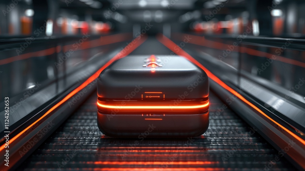 A smart suitcase with interactive lights being scanned on a conveyor belt in a futuristic airport environment. A smart suitcase with interactive lights being scanned on a conveyor belt in a futuristic airport environment.