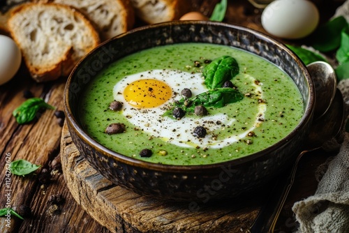 Green sorrel nettles and spinach soup with quail eggs bread and pepper on a wooden board