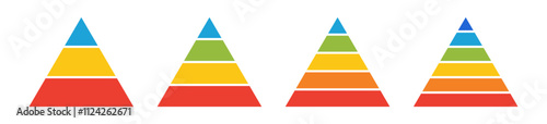 Levels of triangular pyramid. Half triangle pyramid chart. Maslow layer diagram. Development level infographic. Business graph. Vector illustration isolated on white background.