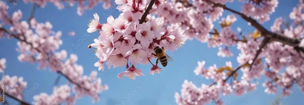 Bee pollenating multiple cherry blossoms at the same time, blossoms, nature photography, bees Bee pollenating multiple cherry blossoms at the same time, blossoms, nature photography, bees