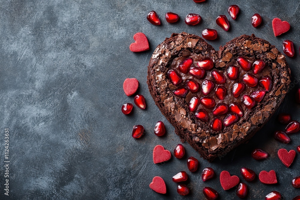 Heart shaped brownie dessert topped with pomegranate seeds Valentine s Day backdrop empty area for recipe or wedding invite text