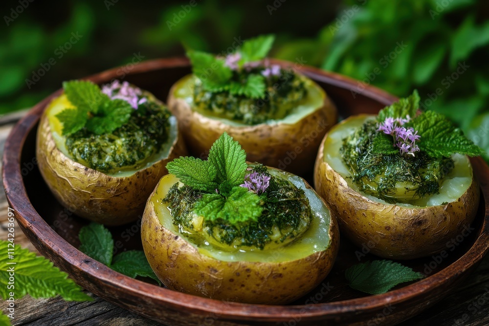 Herb and nettle filled baked potatoes Herb and nettle filled baked potatoes