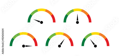 Speedometer icons with arrow. Dashboard with green, yellow and red indicators. tachometer. Low, medium, high and risk levels.