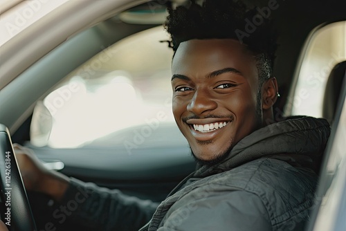 Handsome young man driving his new car, sitting in the driver's seat and smiling at the camera photo