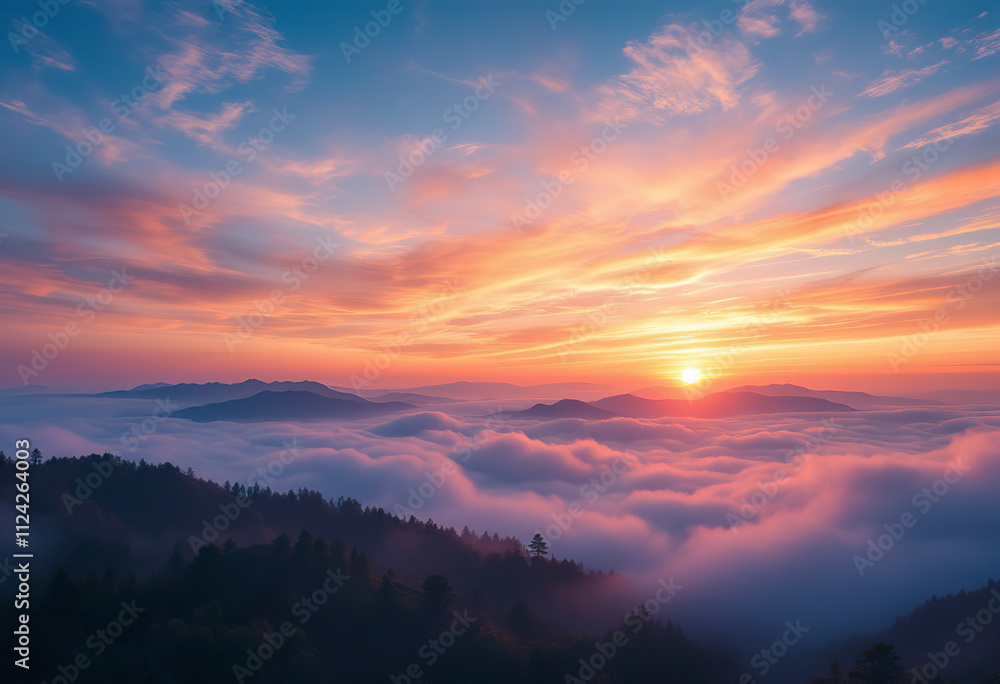 A breathtaking aerial view of a mountainous landscape shrouded in fog at sunset A breathtaking aerial view of a mountainous landscape shrouded in fog at sunset