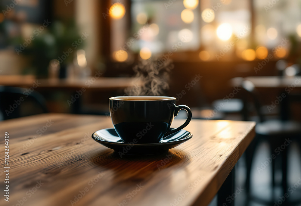 A black coffee cup on a wooden table in a cafe or restaurant setting A black coffee cup on a wooden table in a cafe or restaurant setting