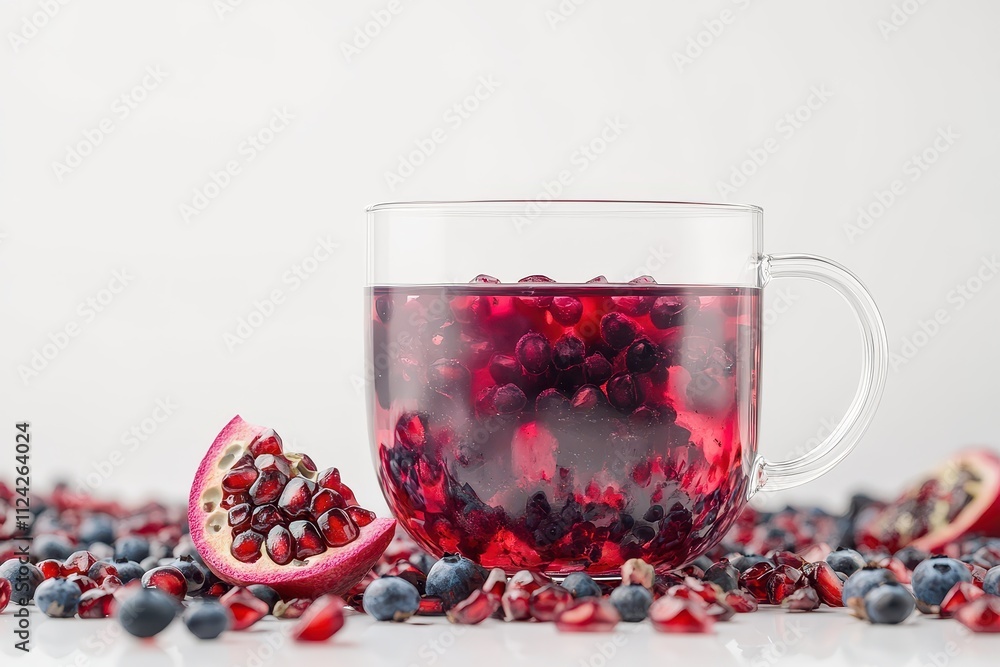 Herbal tea in a clear mug featuring pomegranate and blueberry antioxidants Herbal tea in a clear mug featuring pomegranate and blueberry antioxidants