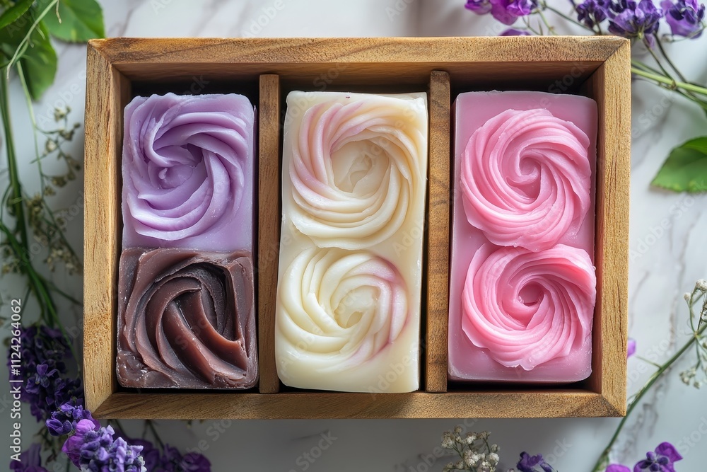Handcrafted cold process soap with pink rose and white design in a wooden mold box featuring chocolate and purple violet Handcrafted cold process soap with pink rose and white design in a wooden mold box featuring chocolate and purple violet