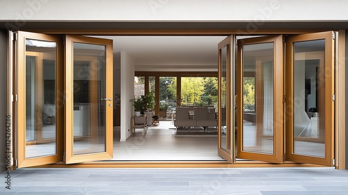 Open wooden bi-fold doors revealing modern living room with garden view.