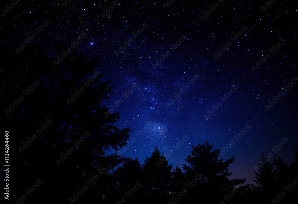 Fototapeta premium A night sky with the Milky Way galaxy visible, with silhouetted trees in the foreground against a dark blue background