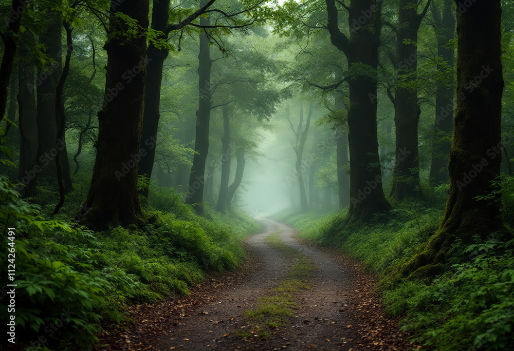 Fototapeta premium A misty forest path winding through a dense, lush green forest with tall trees and thick foliage, creating an atmospheric and mysterious scene