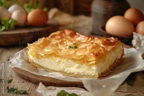 Homemade cheese pie with phyllo and organic eggs Bulgarian banitsa photo