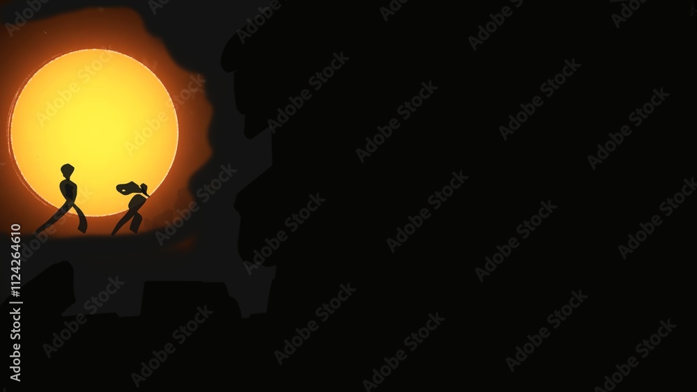 A silhouette of two figures walking toward a glowing yellow sun on a dark background, creating a dramatic and mysterious atmosphere A silhouette of two figures walking toward a glowing yellow sun on a dark background, creating a dramatic and mysterious atmosphere