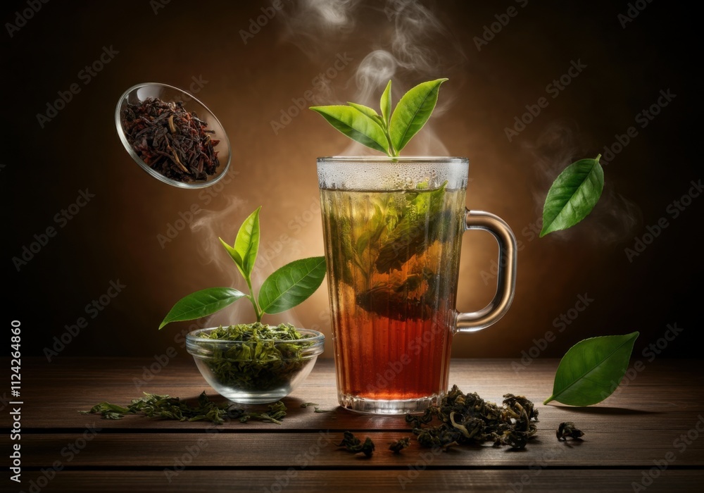 Steaming herbal tea with fresh leaves and teaspoon of loose leaf on wooden table Steaming herbal tea with fresh leaves and teaspoon of loose leaf on wooden table